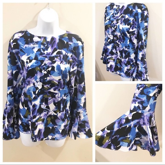 H Halston Floral Tie Back Bell Sleeve Blouse M - Picture 2 of 12